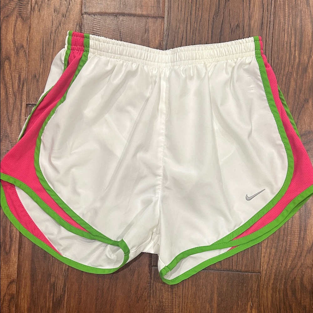 Nike Women's White Athletic Shorts with Pink Panels and Green Trim